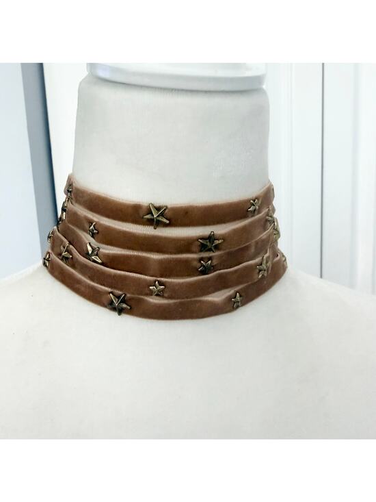 ettika Jewelry - Ettika Tan Velvet Gold Star Multistrand Adjustable Boho Choker Necklace